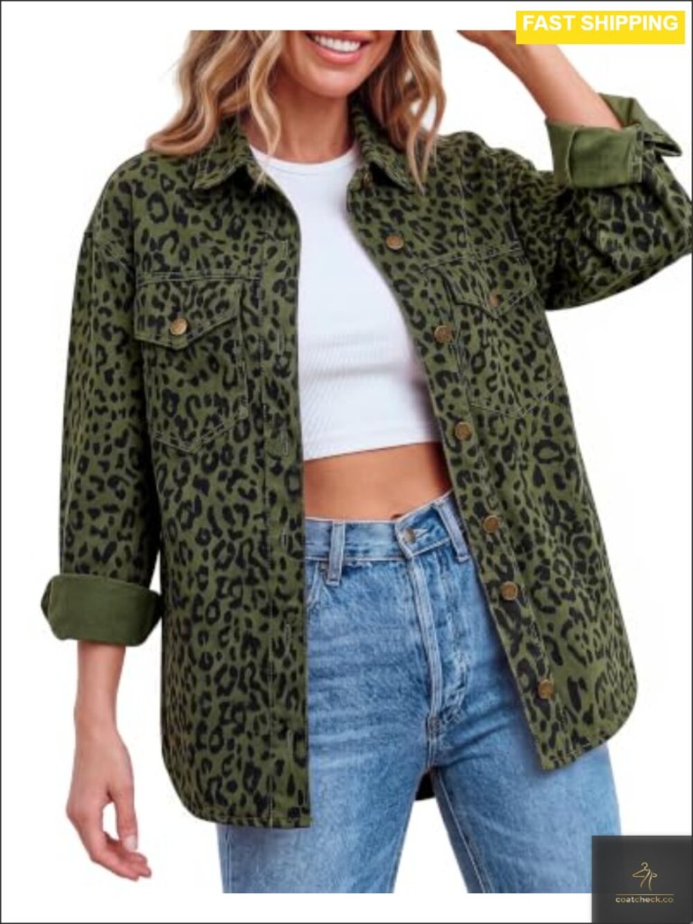 Oversized Cheetah Print Denim Jacket Button Down Cotton Shacket